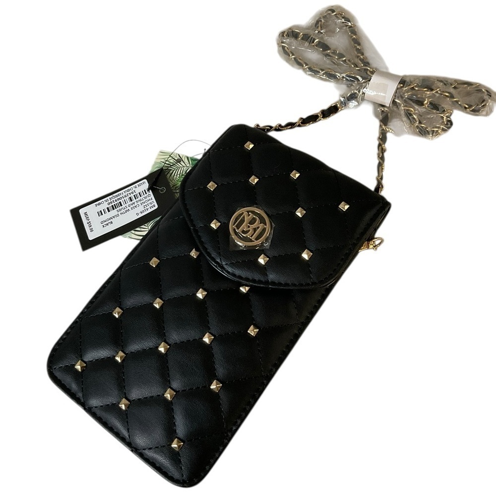 Badgley Mischka Black Phone Case with Diamond Quilting and Studs Crossbody Bag